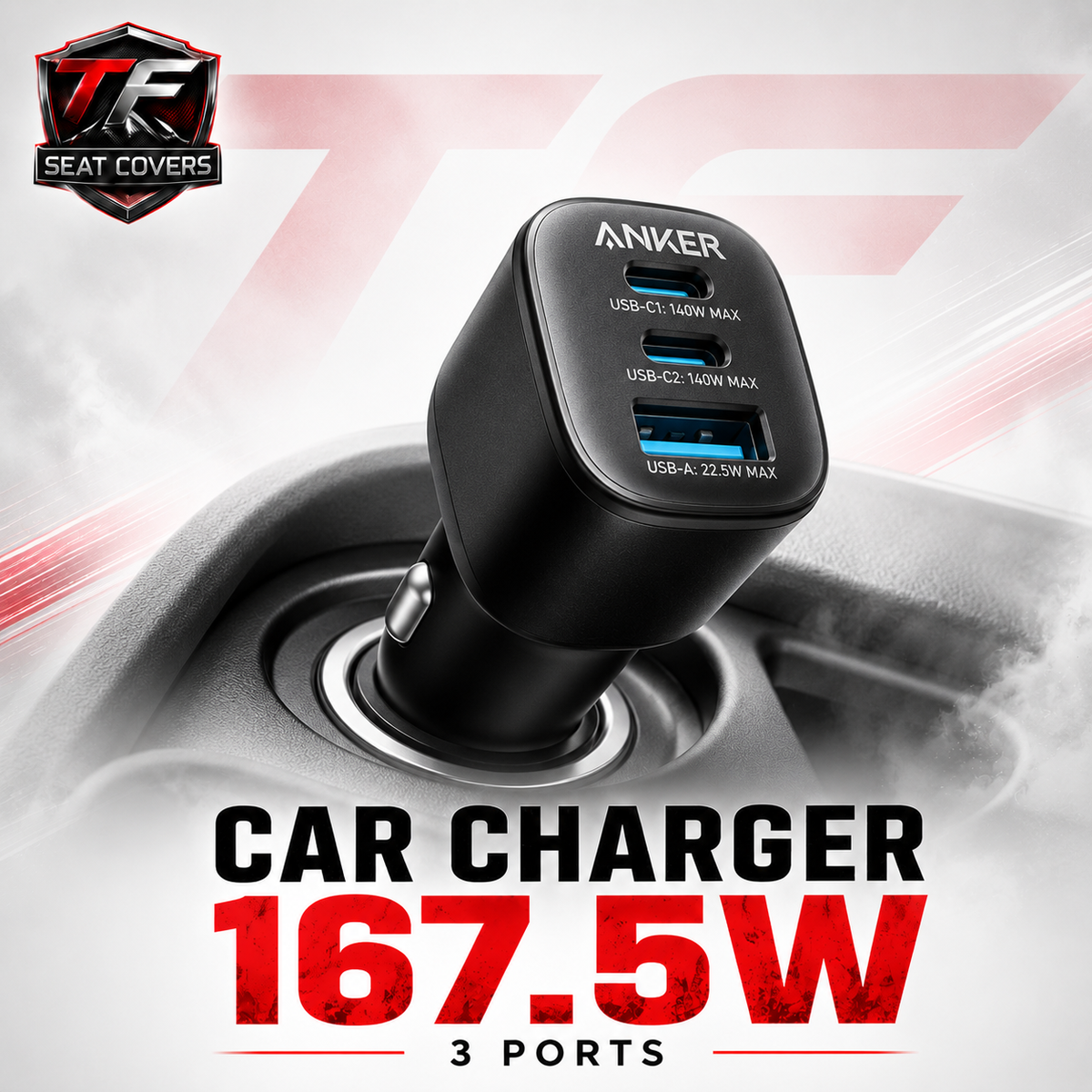 Anker Nano Car Charger (167.5W, 3 Ports) - console